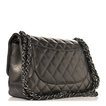 Chanel Metallic Lambskin Quilted Jumbo Double Flap Pewter