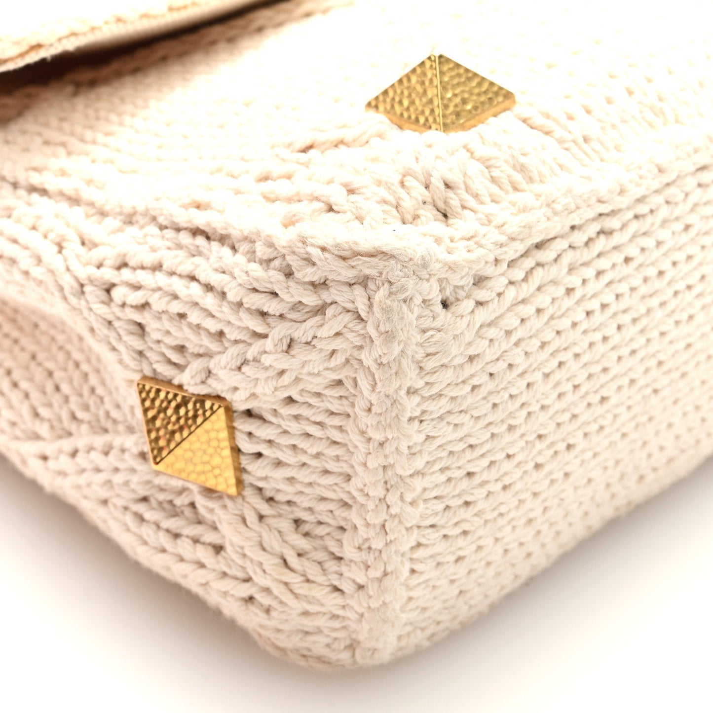 Valentino Garavani Knit Large Roman Stud Shoulder Bag Ecru