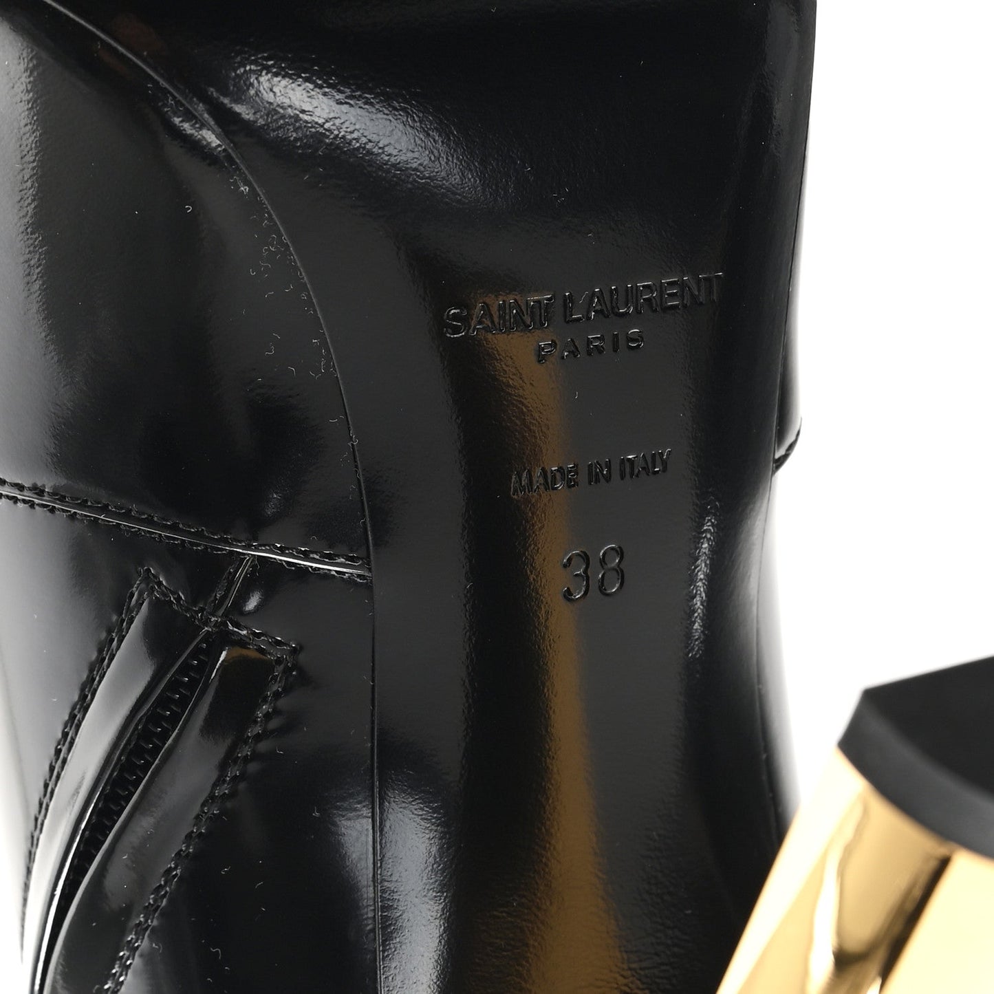 Saint Laurent Patent Marilyn Ankle Zip Boot 38 Black Gold