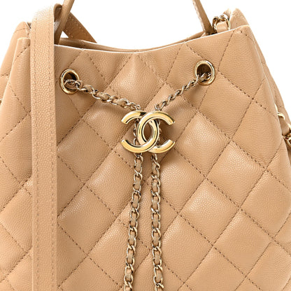 Chanel Caviar Quilted Large Rolled Up Bucket Drawstring Bag Beige