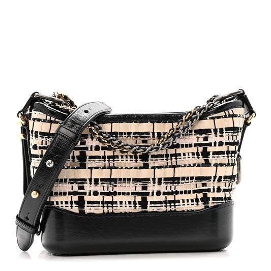 Chanel Tweed Calfskin Calfskin Small Gabrielle Hobo Black Light Beige