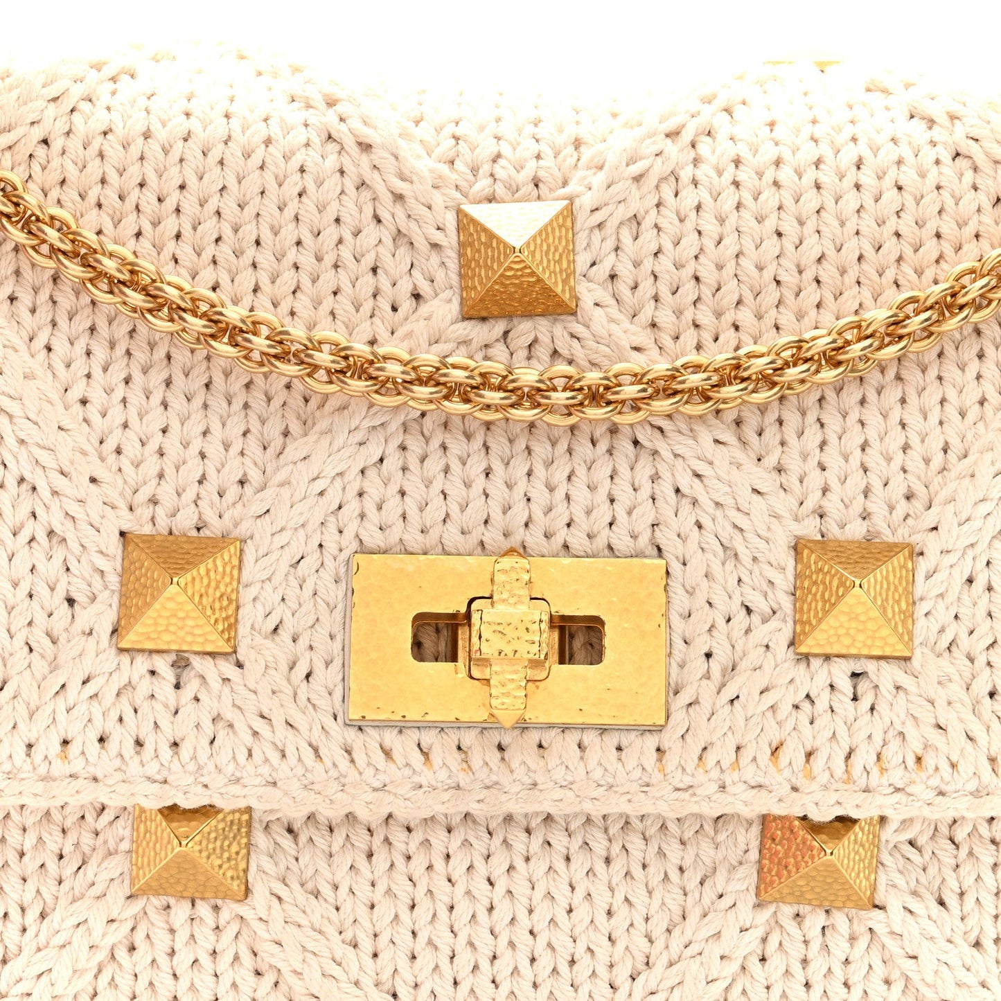 Valentino Garavani Knit Large Roman Stud Shoulder Bag Ecru