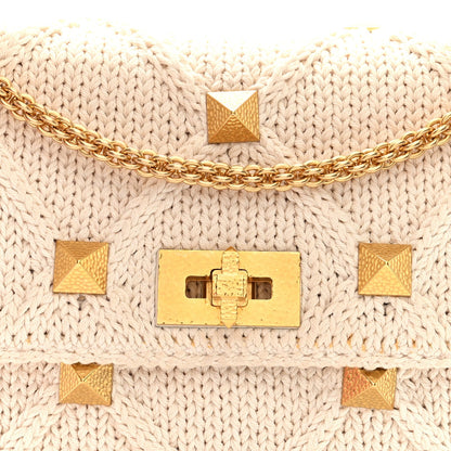 Valentino Garavani Knit Large Roman Stud Shoulder Bag Ecru