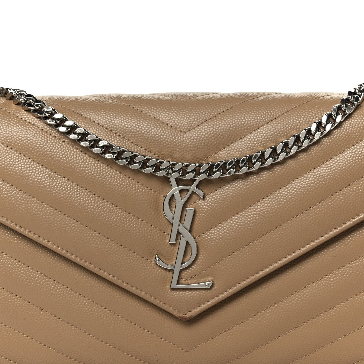 Saint Laurent Grain De Poudre Matelasse Chevron Monogram Chain Wallet Taupe