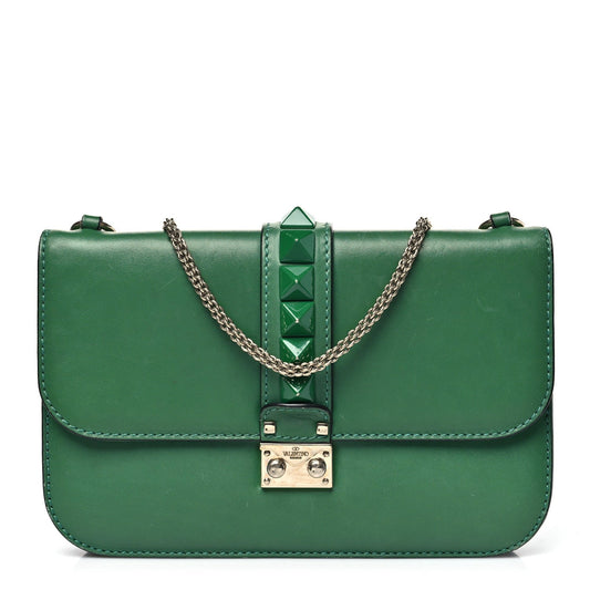 Valentino Garavani Vitello Medium Glam Lock Rockstud Flap Pop Green