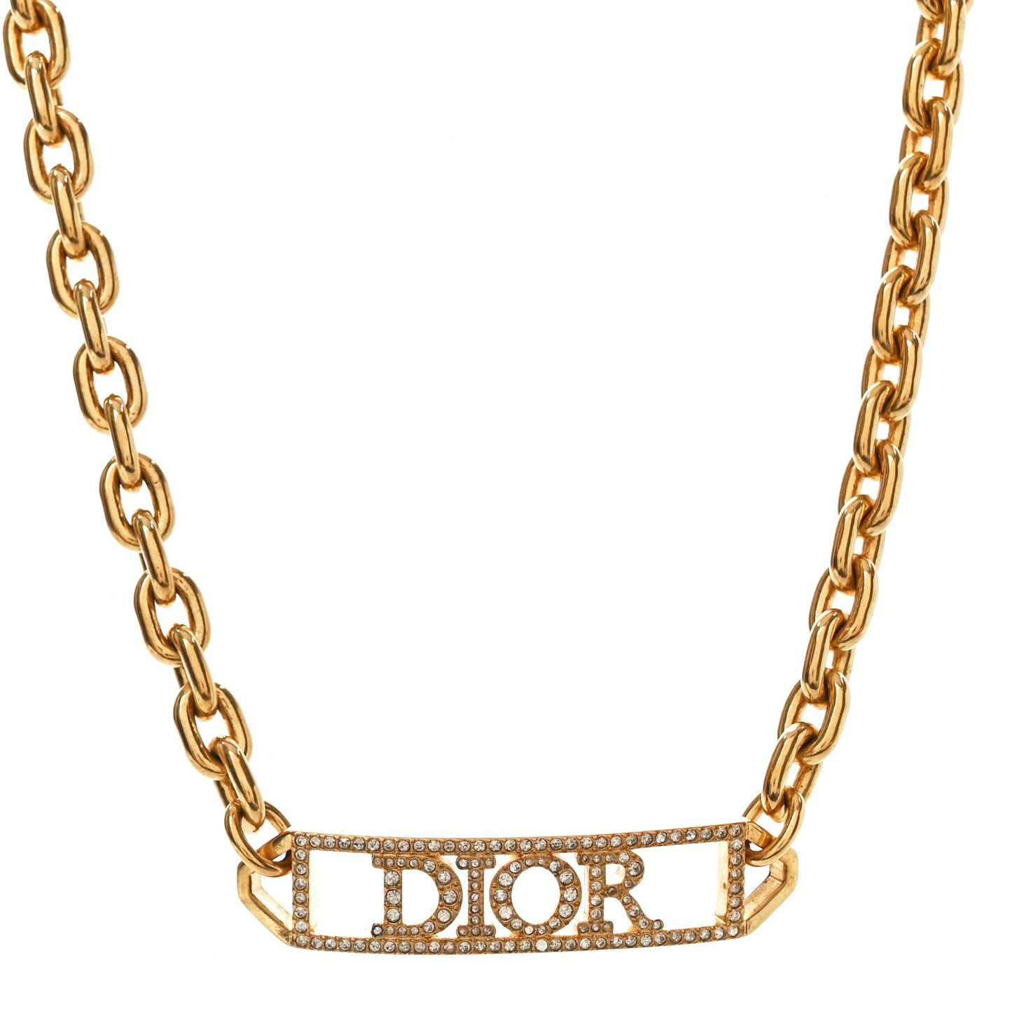 Christian Dior Metal Crystal Logo Chain Choker Necklace Gold