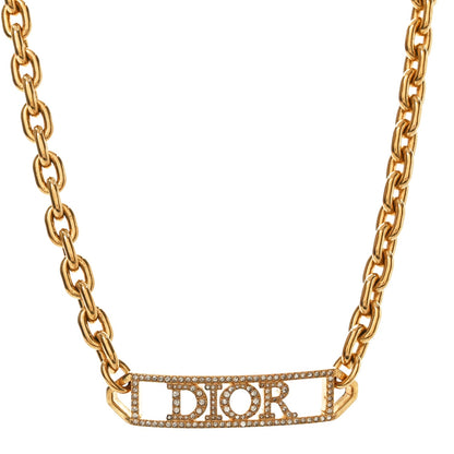 Christian Dior Metal Crystal Logo Chain Choker Necklace Gold