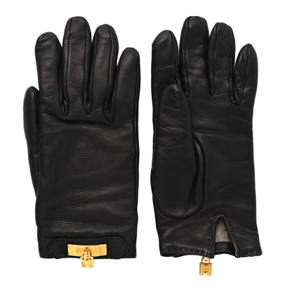 Hermes Lambskin Cashmere Kelly Lock Gloves 6.5 Black