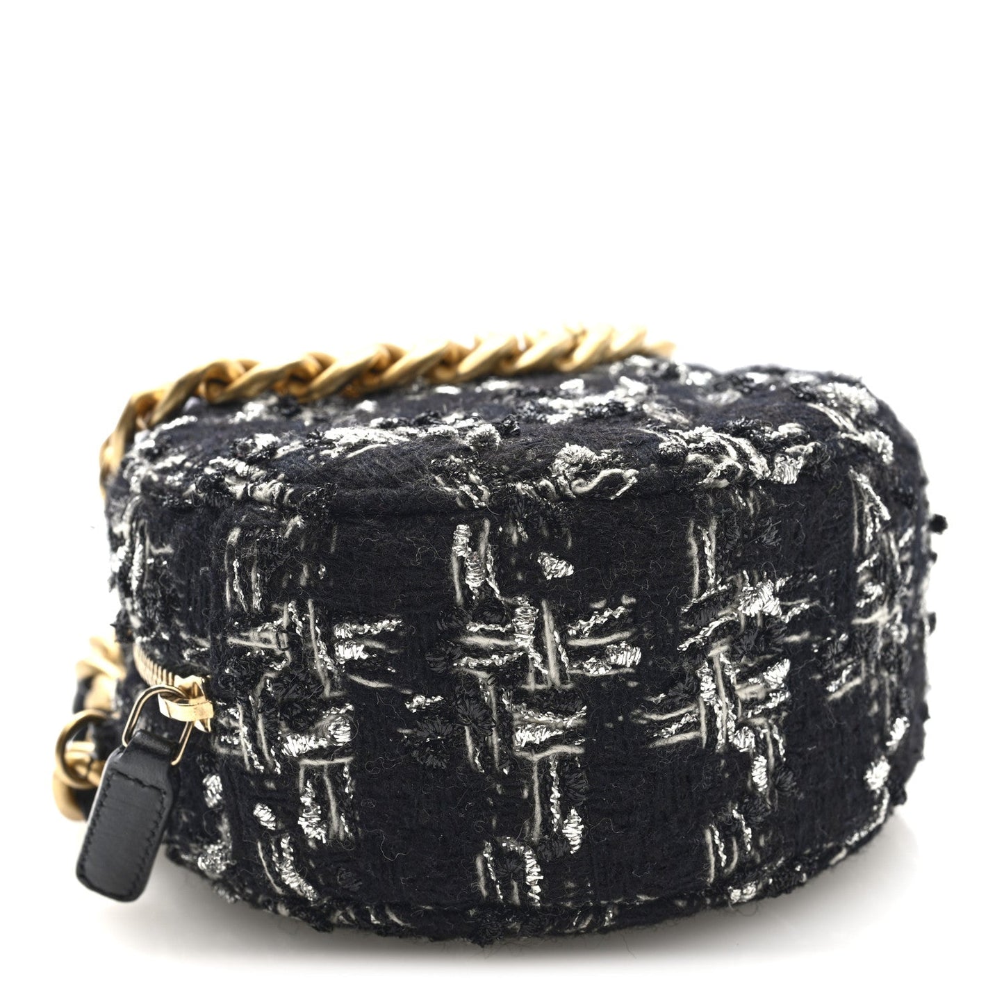 Chanel Tweed Quilted 19 Round Clutch With Chain Black White
