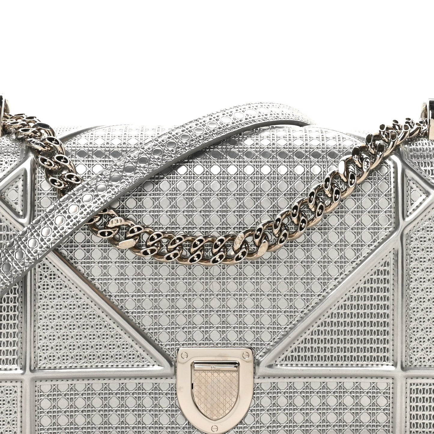 Christian Dior Metallic Patent Micro-Cannage Medium Diorama Flap Bag Silver