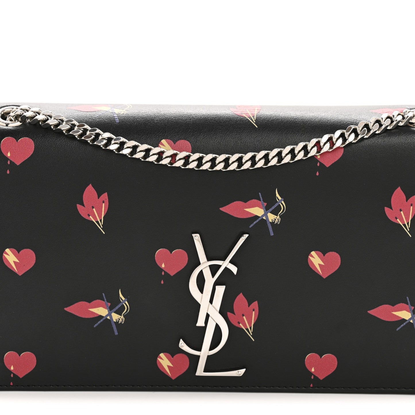 Saint Laurent Calfskin Medium Heart Bolts Monogram Kate Satchel Black