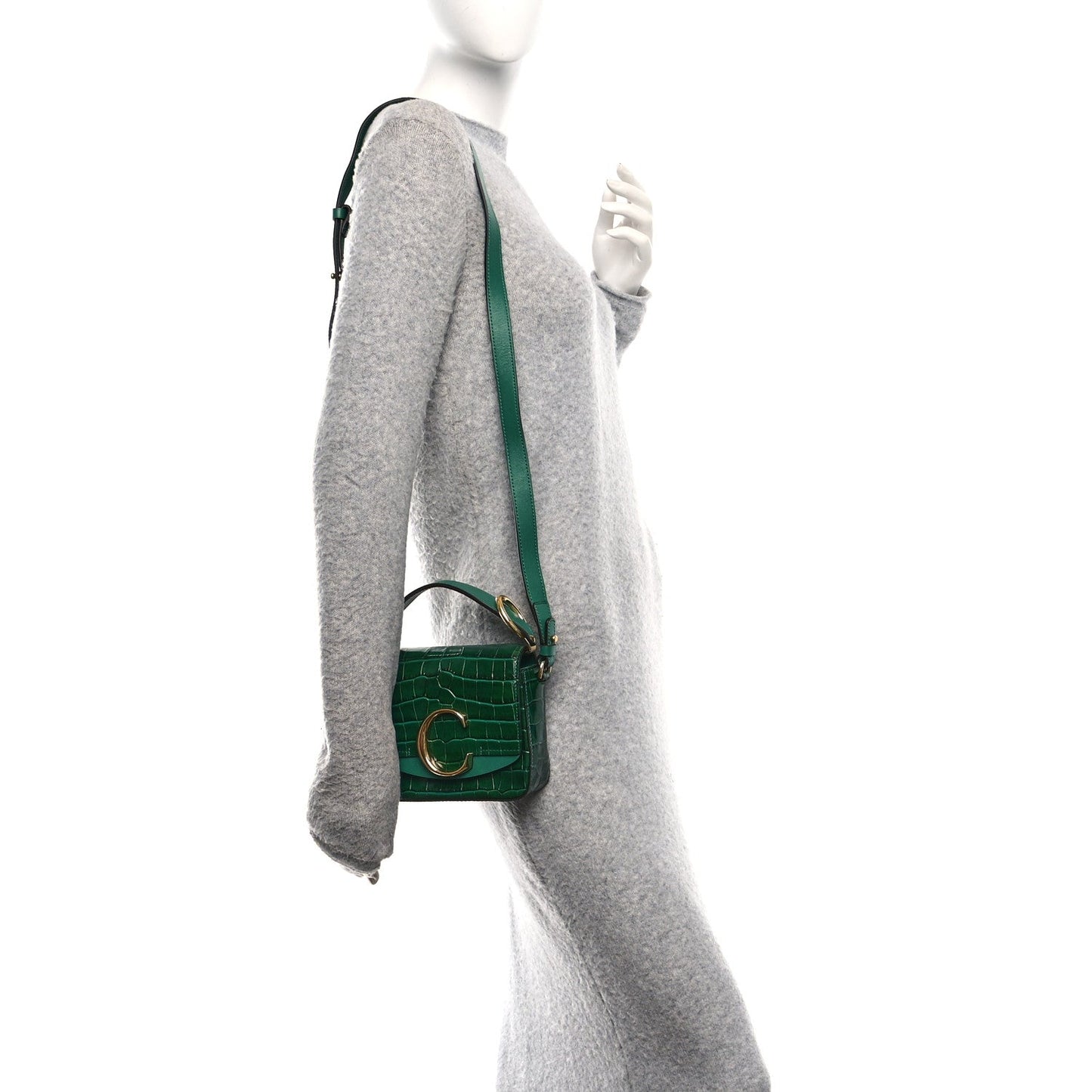 Chloe Calfskin Crocodile Embossed Mini C Double Carry Woodsy Green