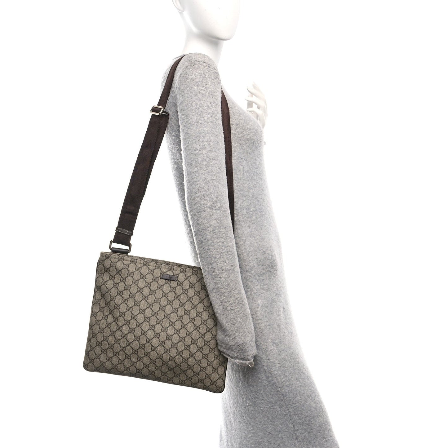 Gucci GG Supreme Monogram Medium Flat Messenger Bag Dark Brown
