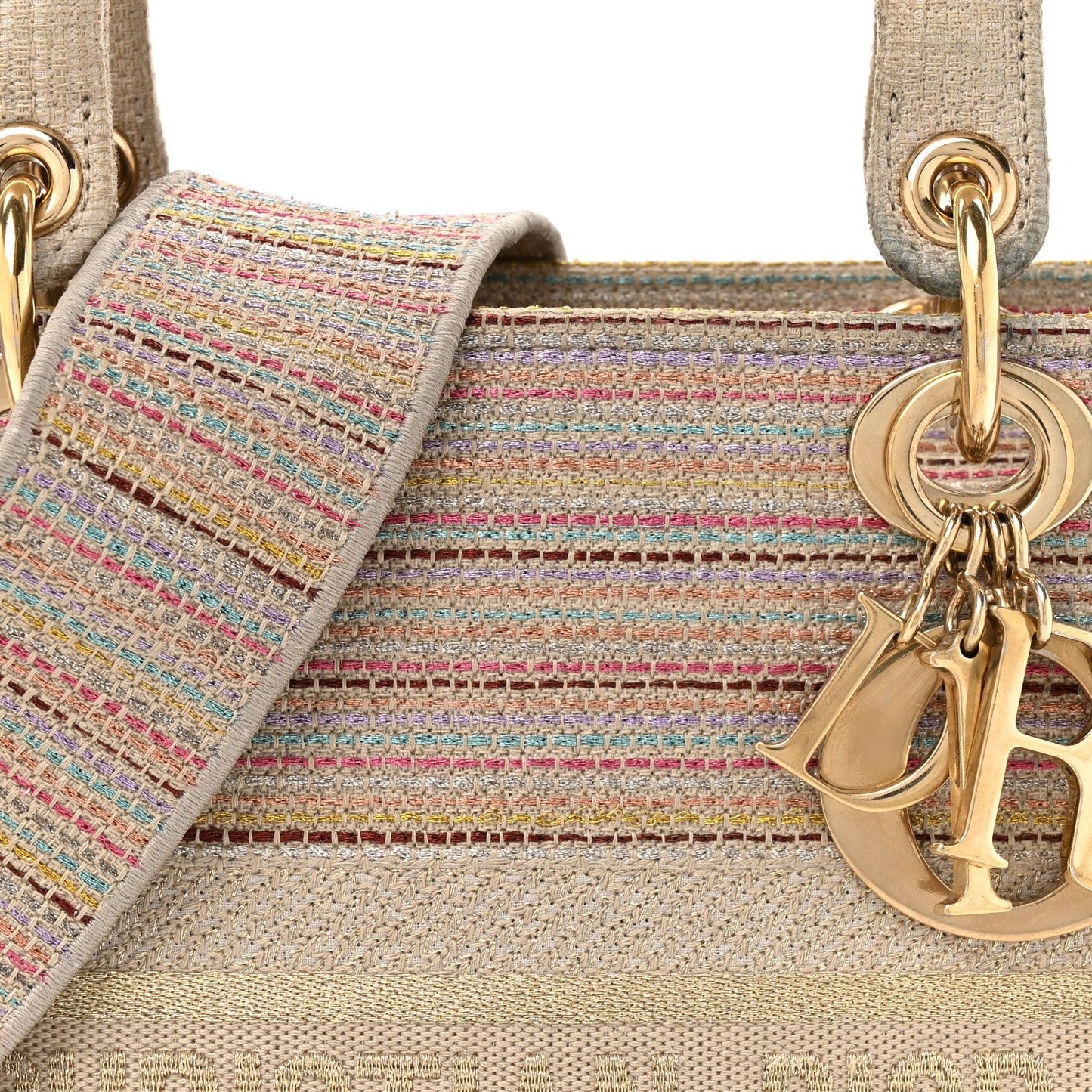 Christian Dior Canvas Embroidered Medium Lady D-Lite Beige Multicolor