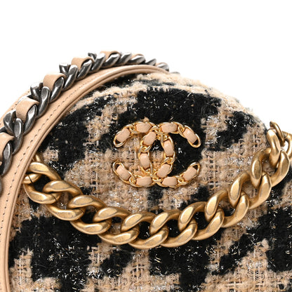 Chanel Wool Tweed Lambskin Quilted Chanel 19 Round Clutch With Chain and Coin Purse Beige Black