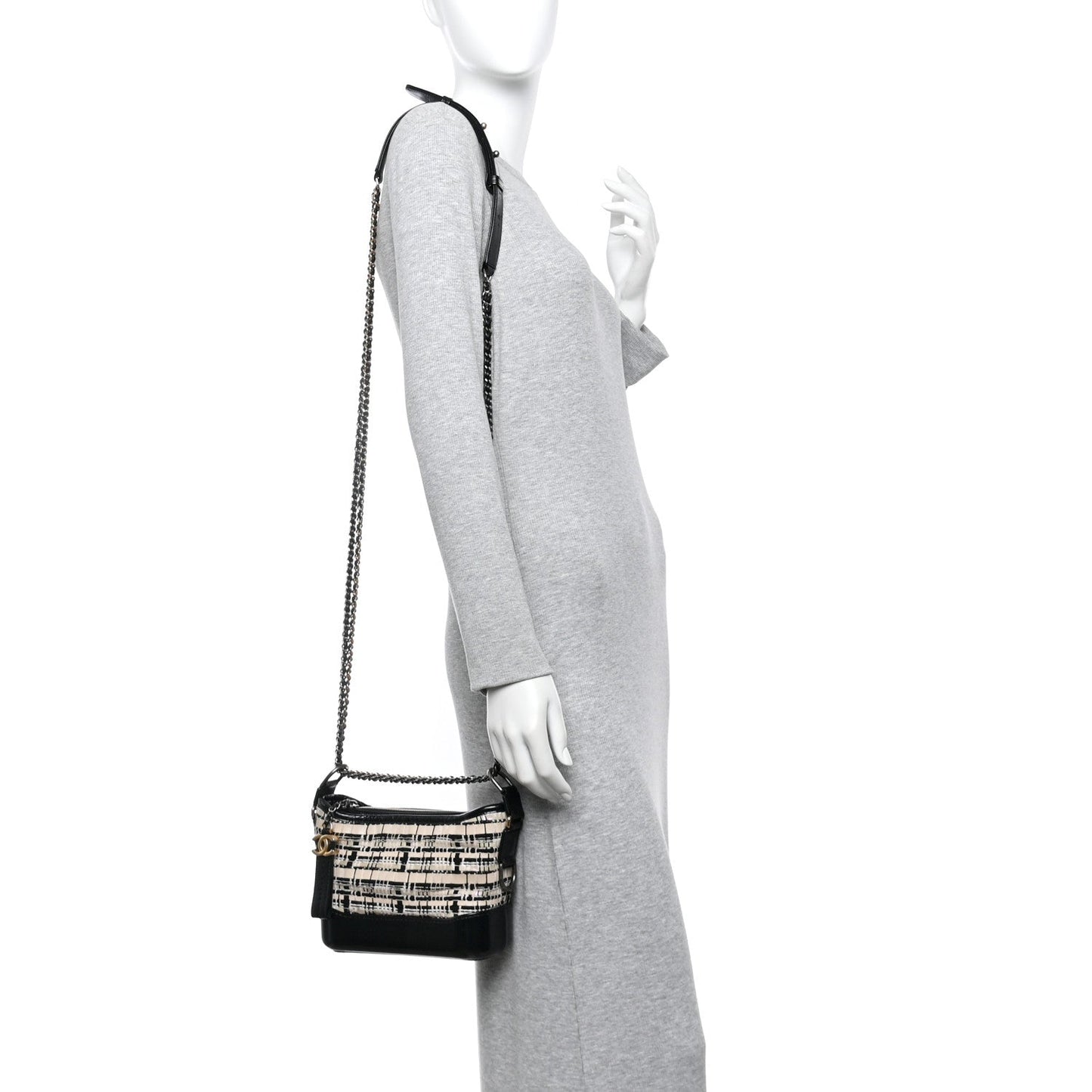 Chanel Tweed Calfskin Calfskin Small Gabrielle Hobo Black Light Beige