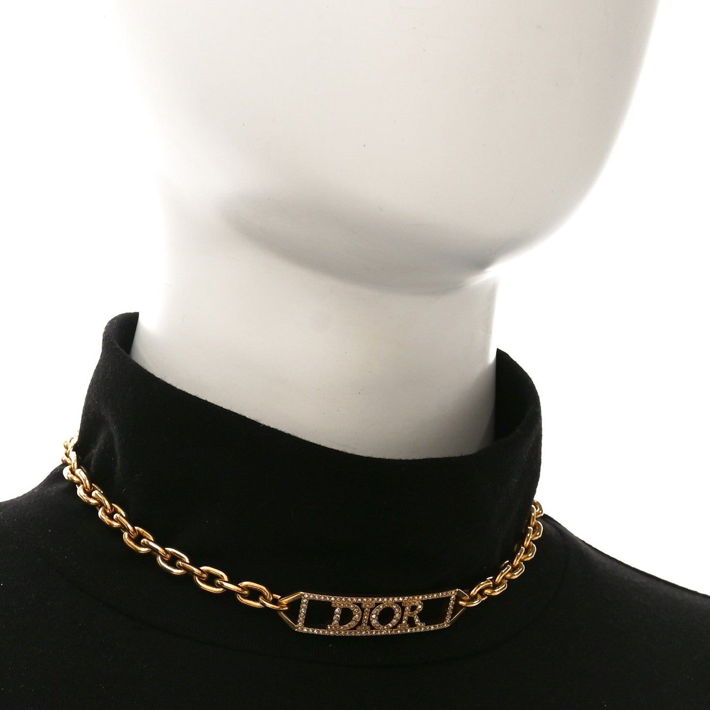 Christian Dior Metal Crystal Logo Chain Choker Necklace Gold