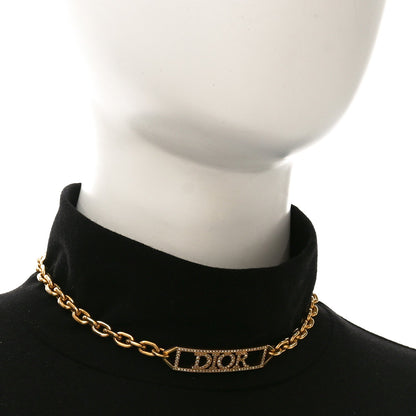 Christian Dior Metal Crystal Logo Chain Choker Necklace Gold