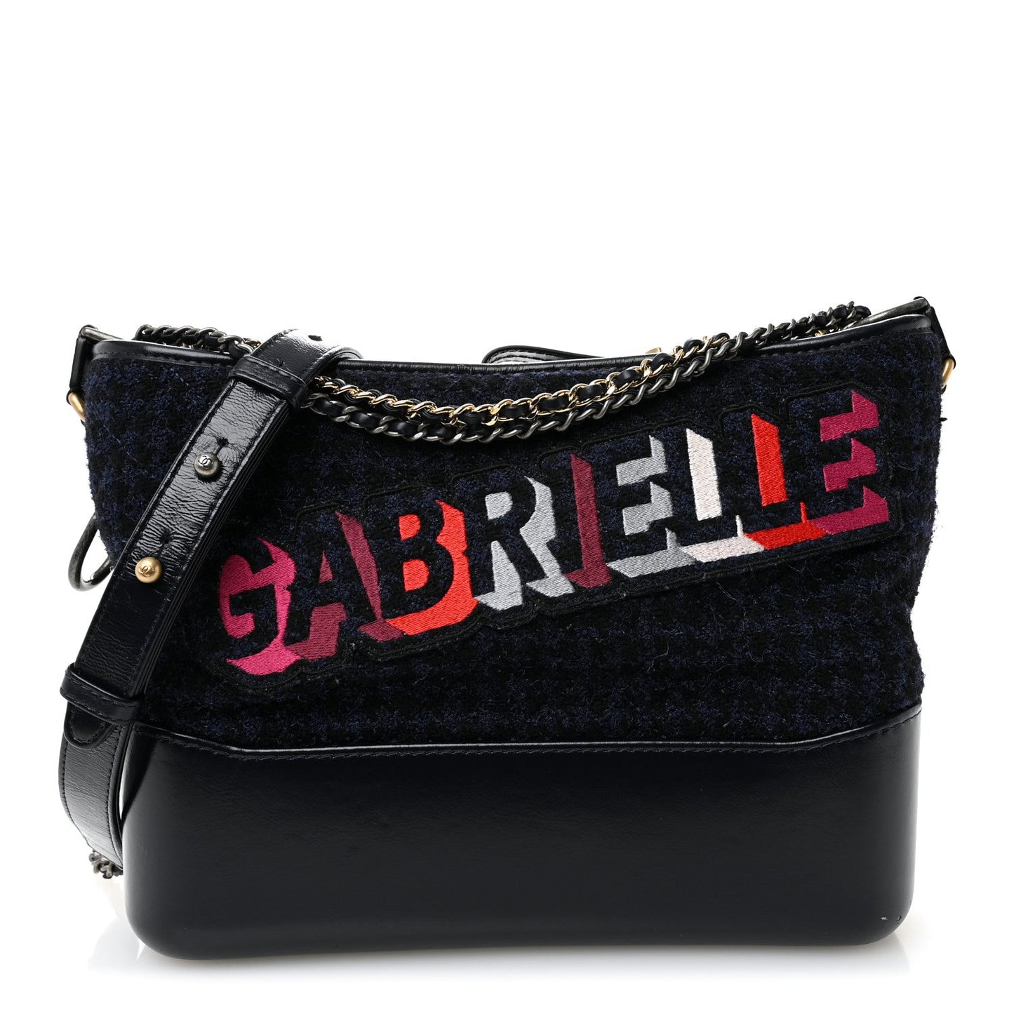 Chanel Tweed Calfskin Quilted Medium Gabrielle Hobo Black Blue