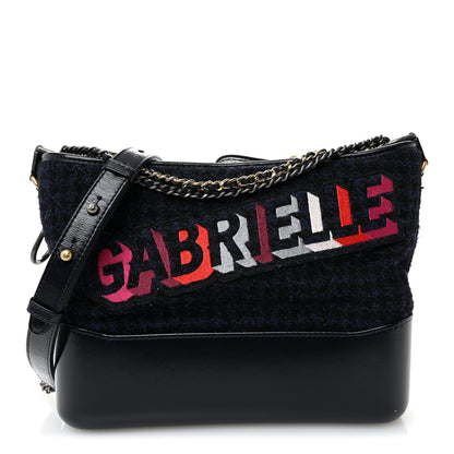 Chanel Tweed Calfskin Quilted Medium Gabrielle Hobo Black Blue