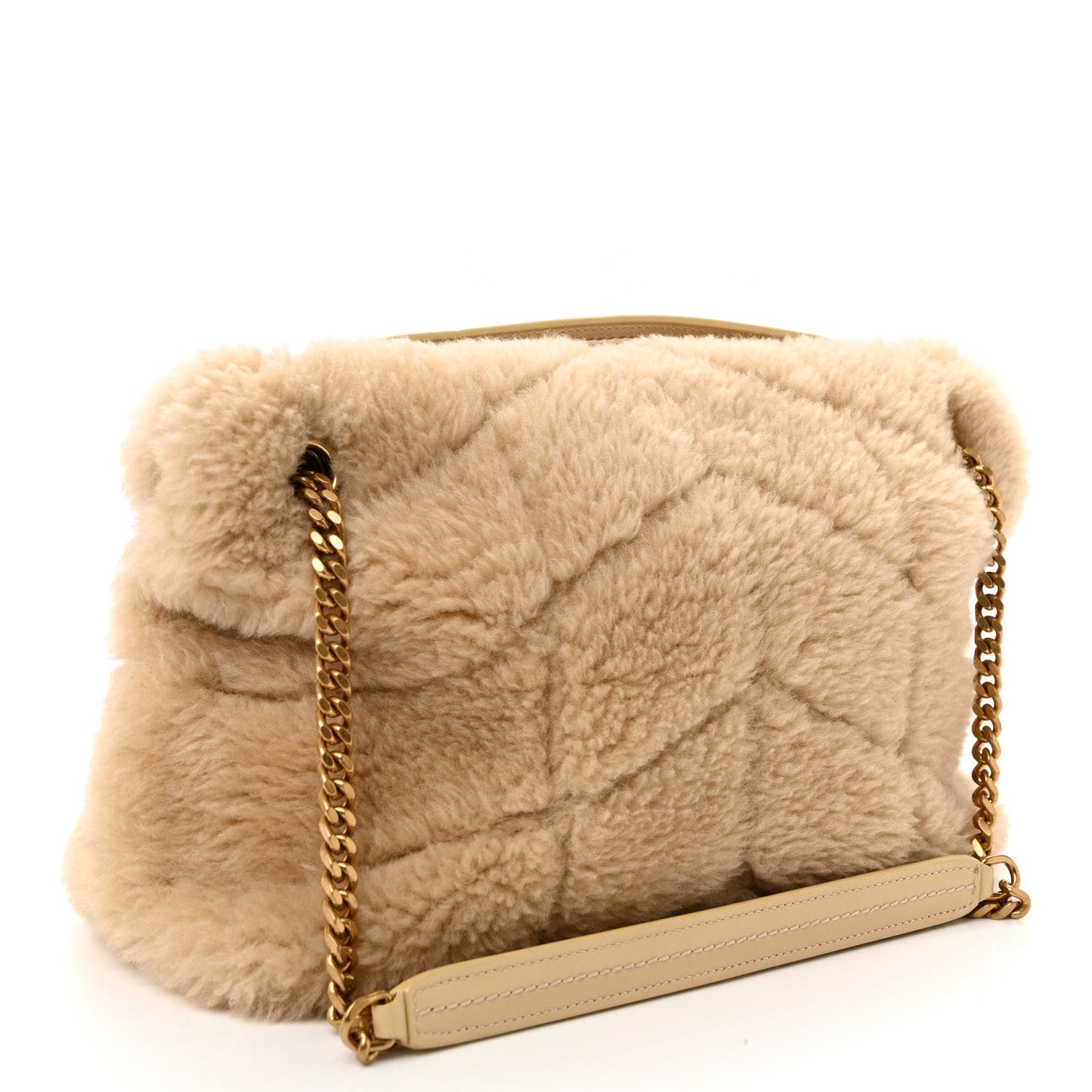 Saint Laurent Merino Shearling Lambskin Quilted Small Loulou Puffer Monogram Chain Satchel Natural Beige