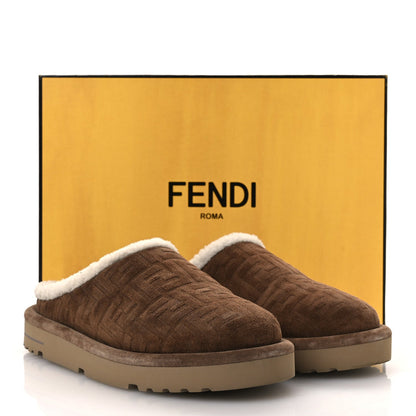 Fendi Suede Shearling FF Embossed Mens Sabot Mules 39 Brown