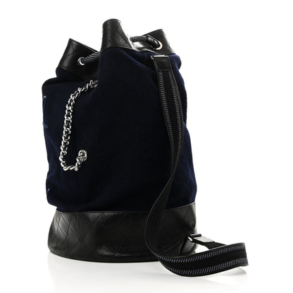 Chanel Wool Calfskin Embroidered Paris Hamburg Drawstring Backpack Navy Blue