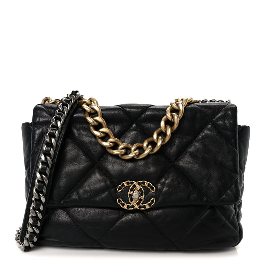 Chanel Shiny Goatskin Quilted Large Chanel 19 Flap Black