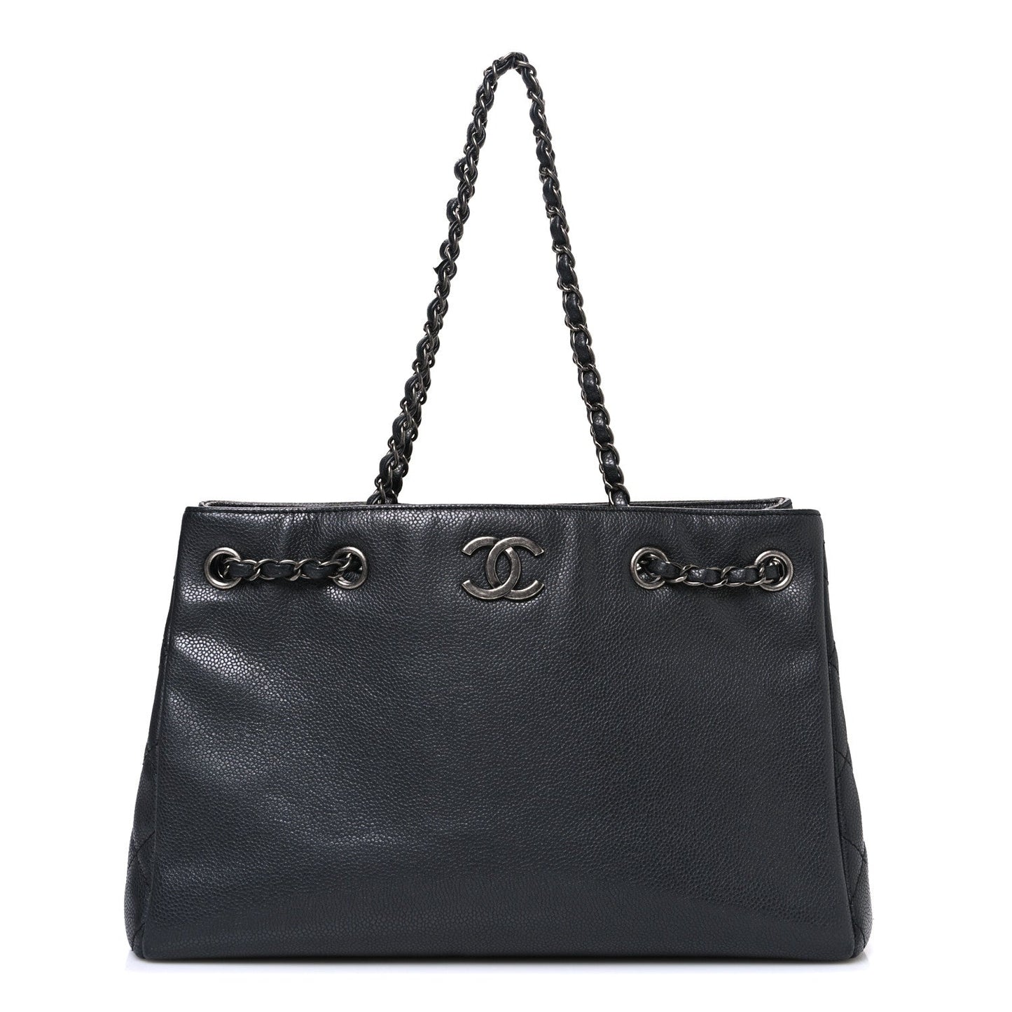 Chanel Metallic Grained Calfskin Medium Woven Chain Shopping Bag Black