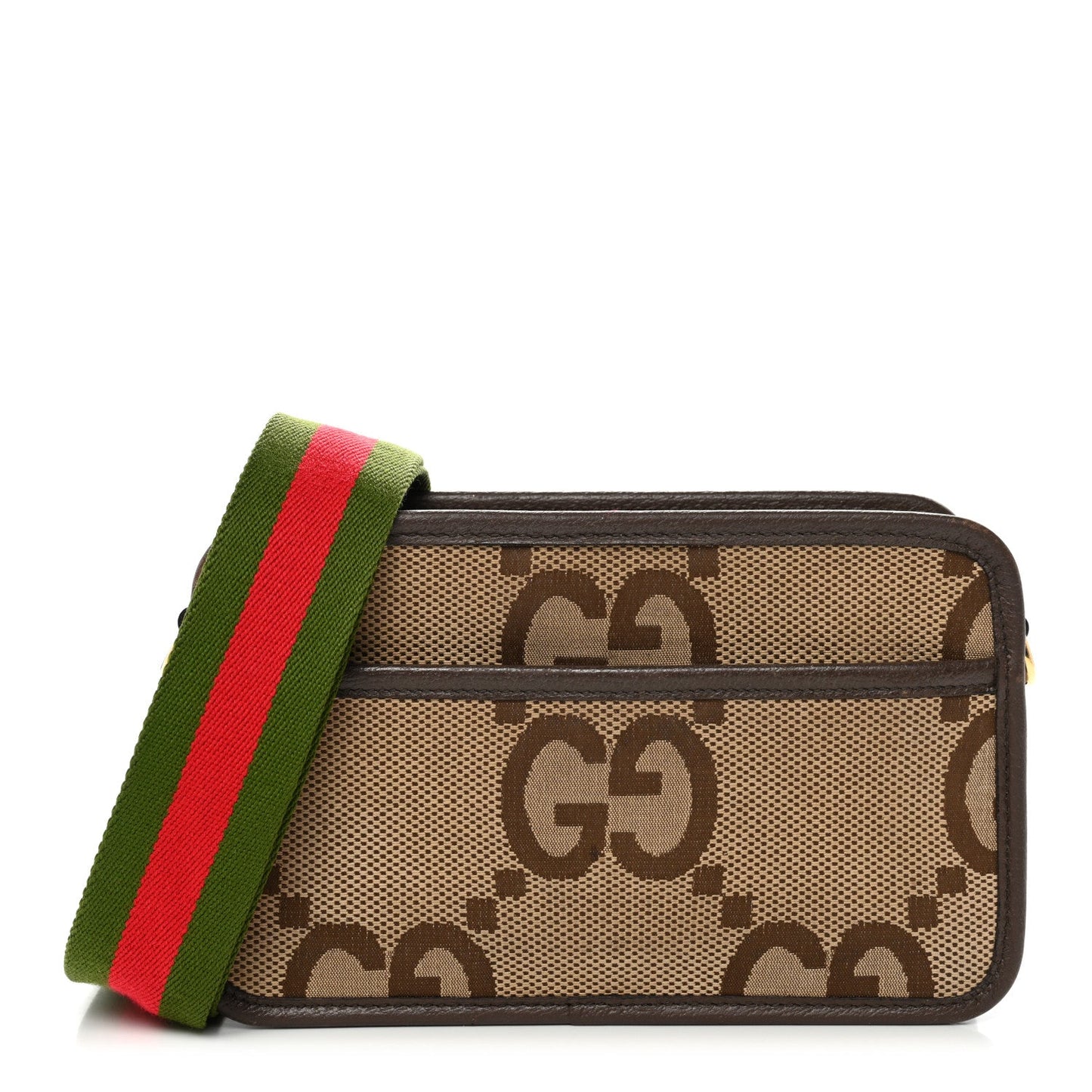Gucci Monogram Jumbo GG Textured Dollar Calfskin Web Mini Crossbody Bag Camel Ebony New Acero