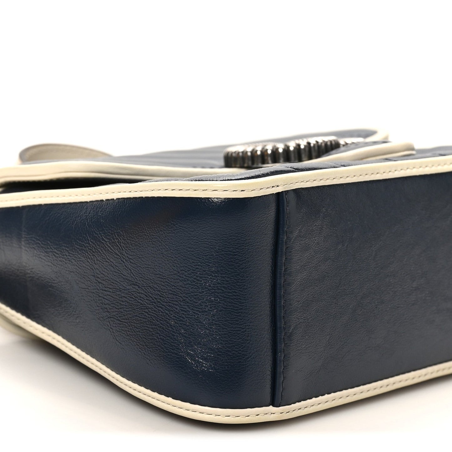 Gucci Vintage Effect Calfskin Matelasse Diagonal Mini Torchon GG Marmont Top Handle Shoulder Bag Blue Agata Mystic White