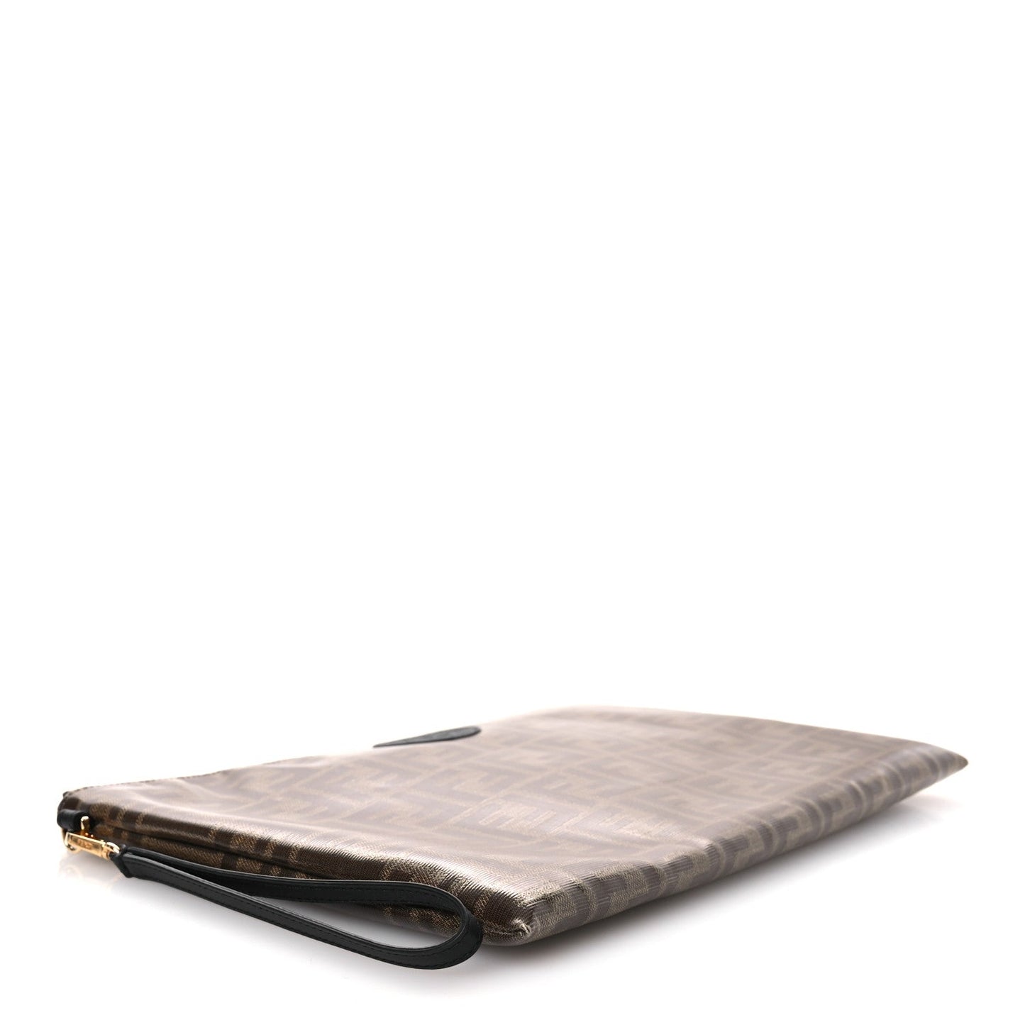 Fendi Glazed Fabric Vitello Century FF 1974 Stamp Patch Large Flat Pouch Mogano Panna Black