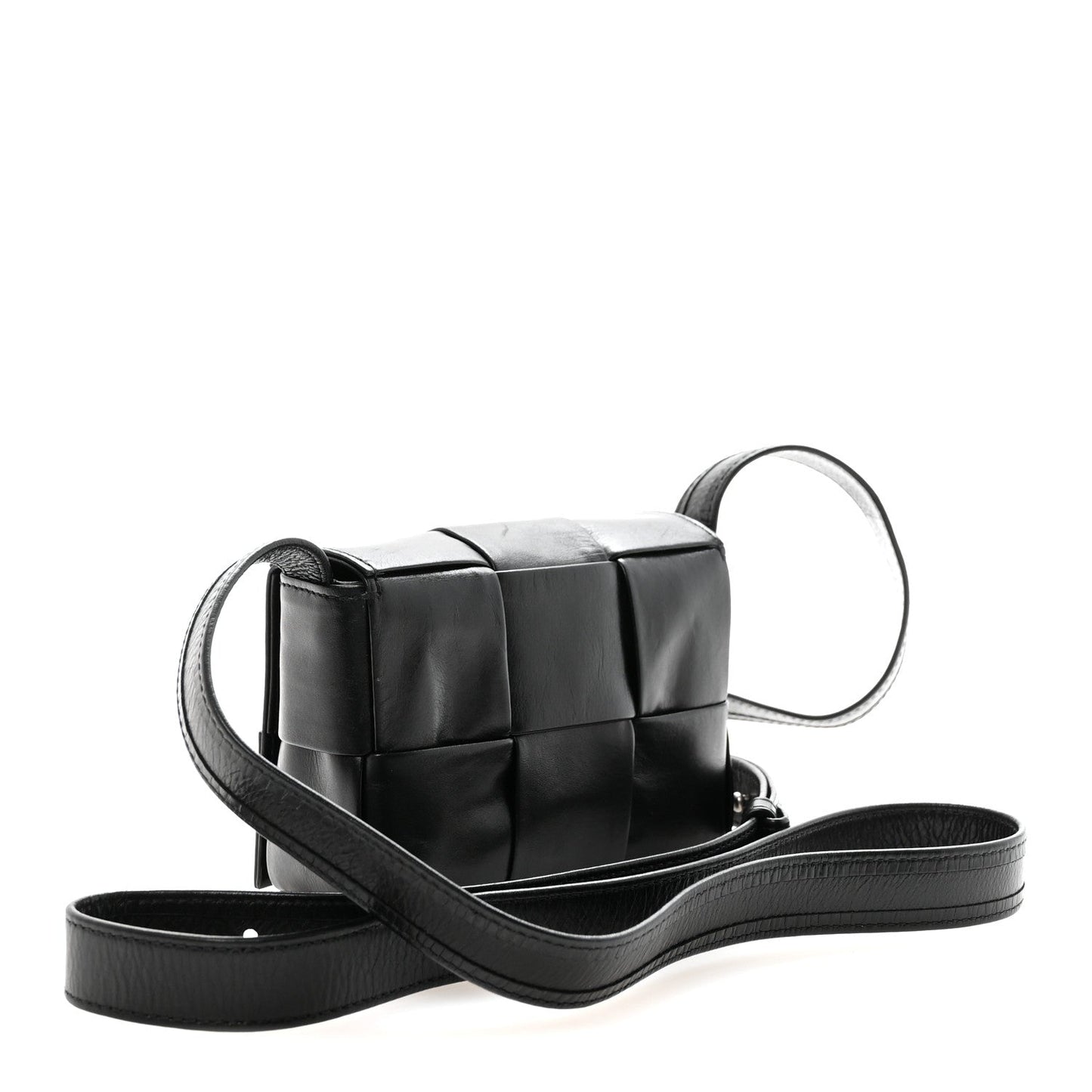 Bottega Veneta Crinkled Lambskin Maxi Intrecciato Extra Mini Cassette Crossbody Bag Black