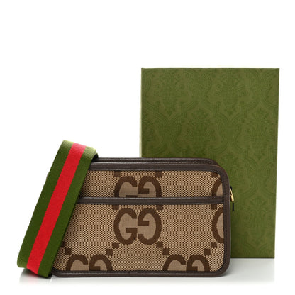 Gucci Monogram Jumbo GG Textured Dollar Calfskin Web Mini Crossbody Bag Camel Ebony New Acero