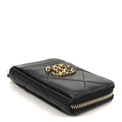 Chanel Lambskin Quilted Chanel 19 Vertical Zip Card Holder Wallet Black