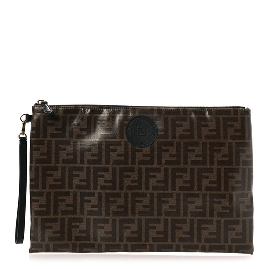 Fendi Glazed Fabric Vitello Century FF 1974 Stamp Patch Large Flat Pouch Mogano Panna Black