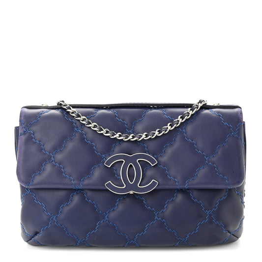 Chanel Calfskin Quilted Double Stitch Hamptons Clutch with Chain Blue