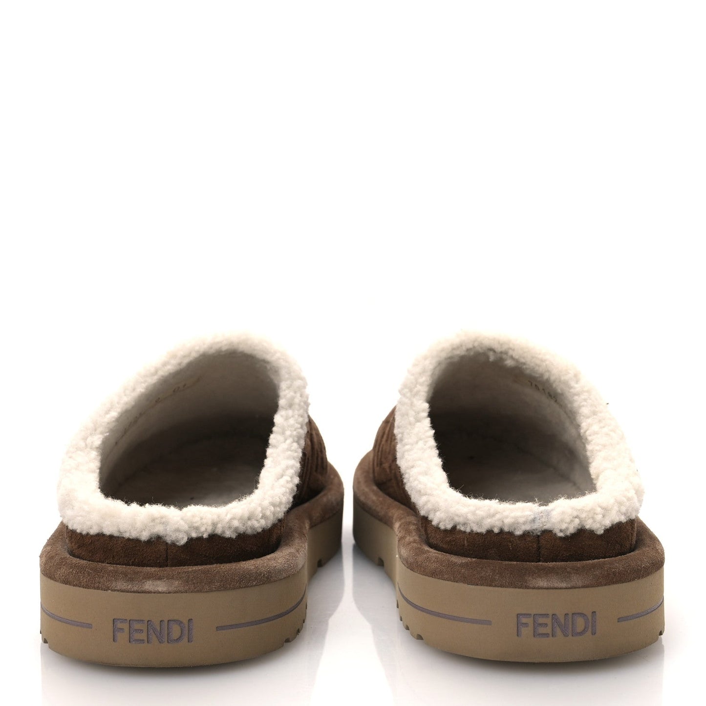 Fendi Suede Shearling FF Embossed Mens Sabot Mules 39 Brown