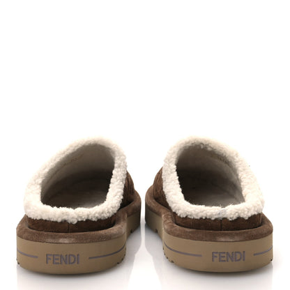 Fendi Suede Shearling FF Embossed Mens Sabot Mules 39 Brown