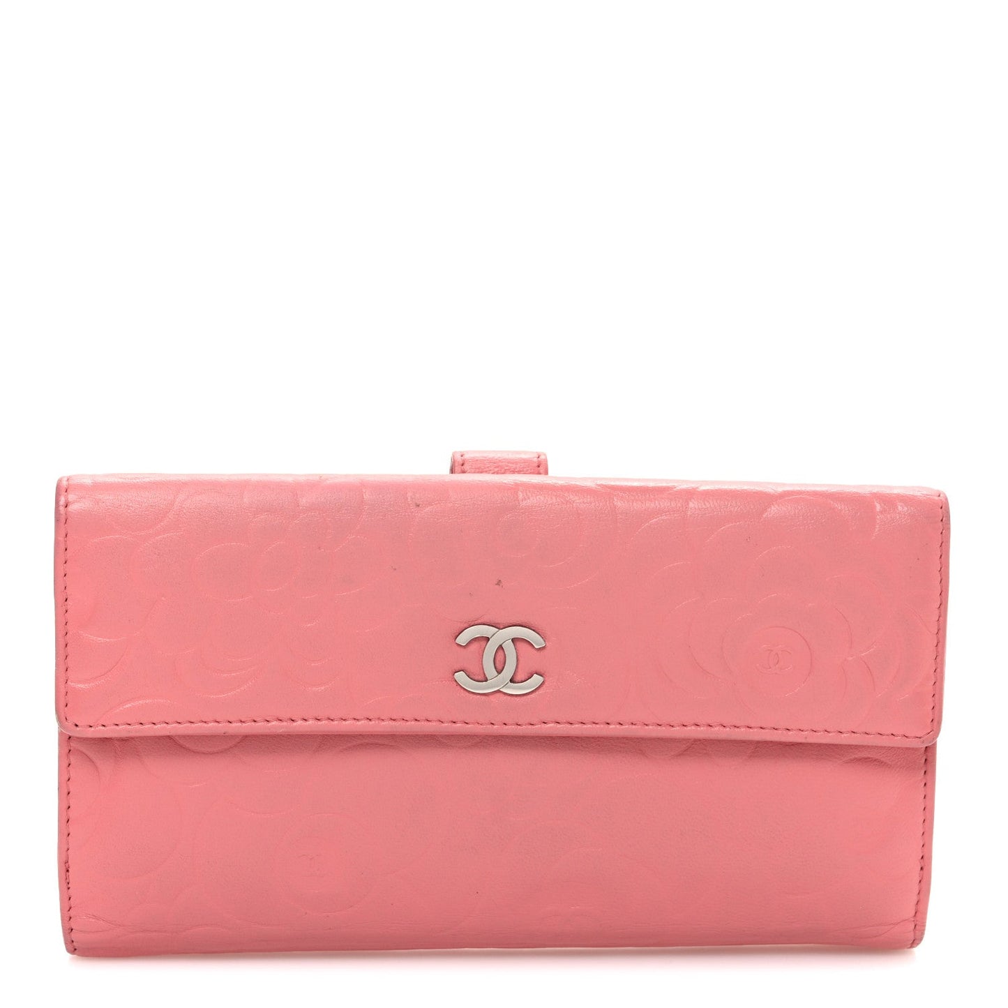 Chanel Lambskin Camellia Embossed Large Brilliant Flap Wallet Pink