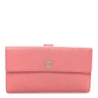 Chanel Lambskin Camellia Embossed Large Brilliant Flap Wallet Pink