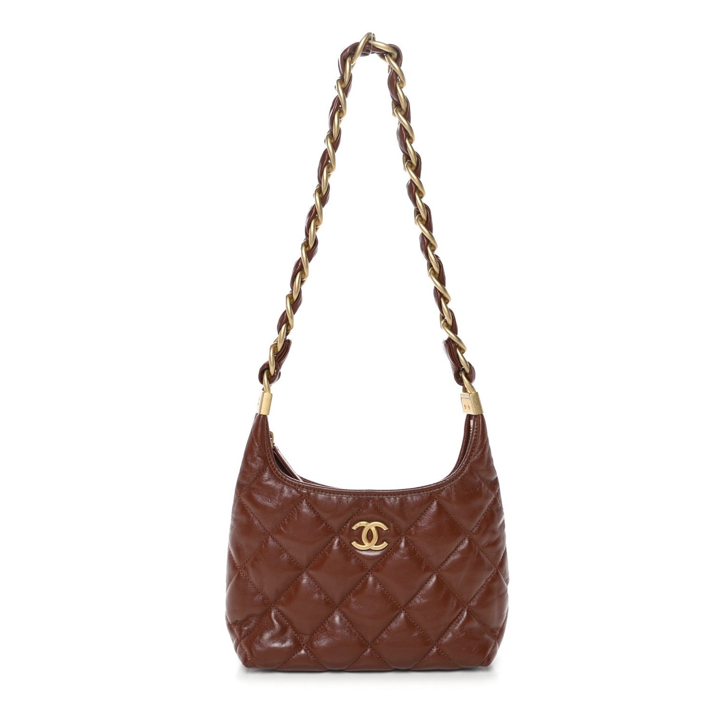 Chanel Shiny Crumpled Lambskin Quilted Small CC Funky Town Hobo Brown