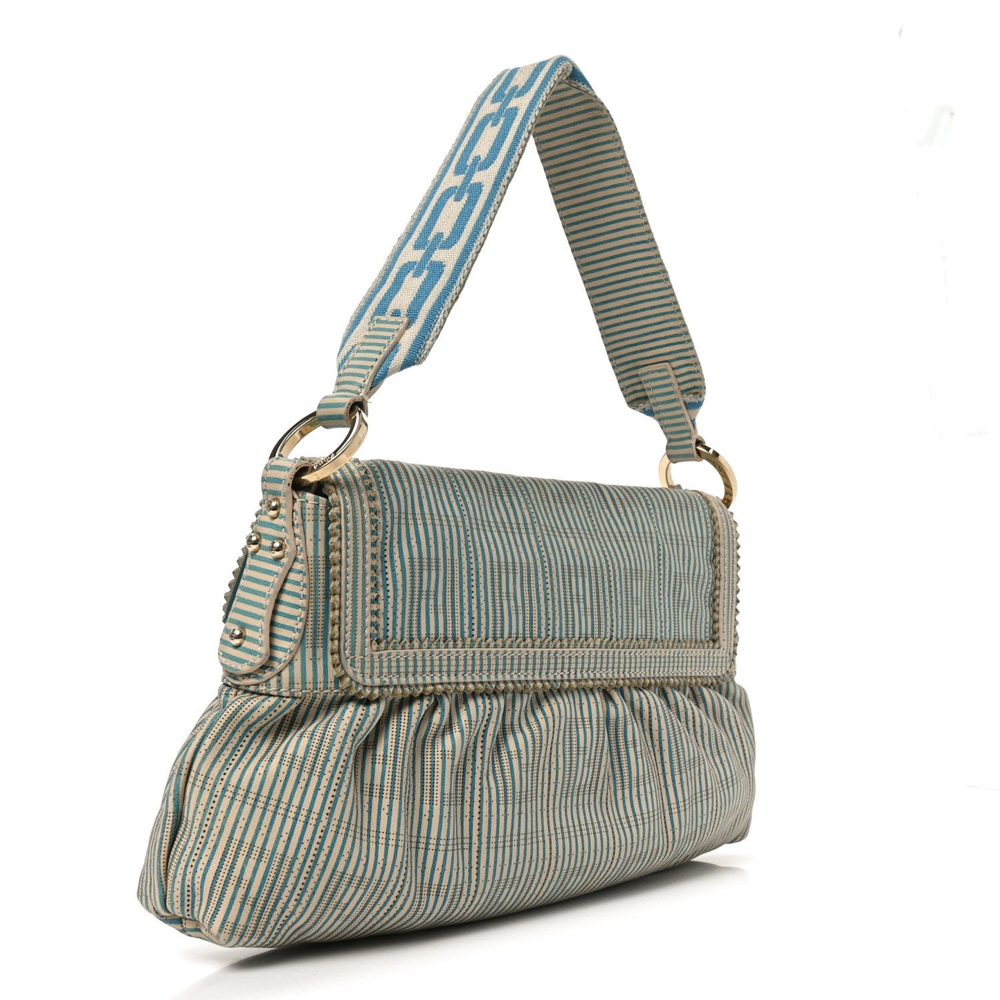 Fendi Vitello Perforated FF Striped Small Chef Bag Blue White