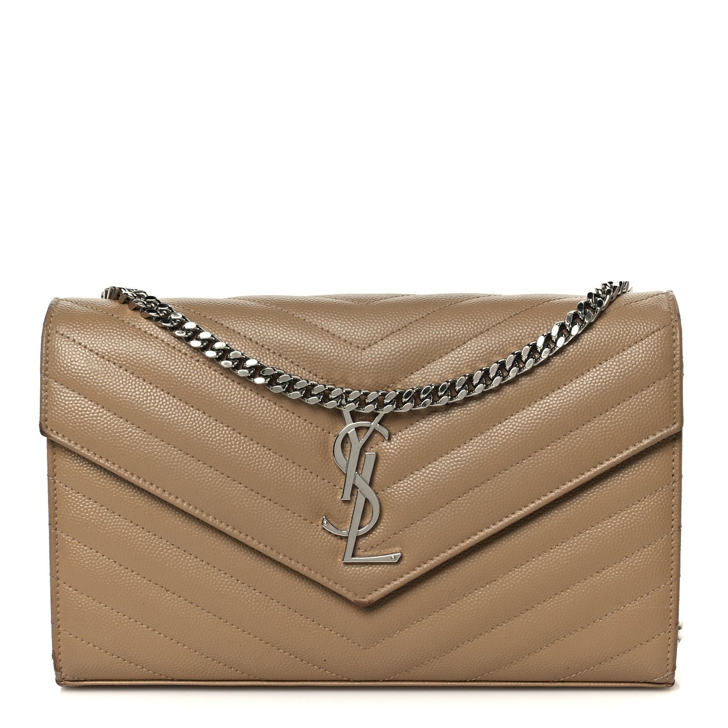 Saint Laurent Grain De Poudre Matelasse Chevron Monogram Chain Wallet Taupe