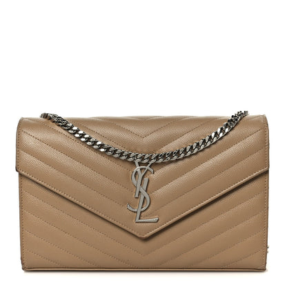 Saint Laurent Grain De Poudre Matelasse Chevron Monogram Chain Wallet Taupe