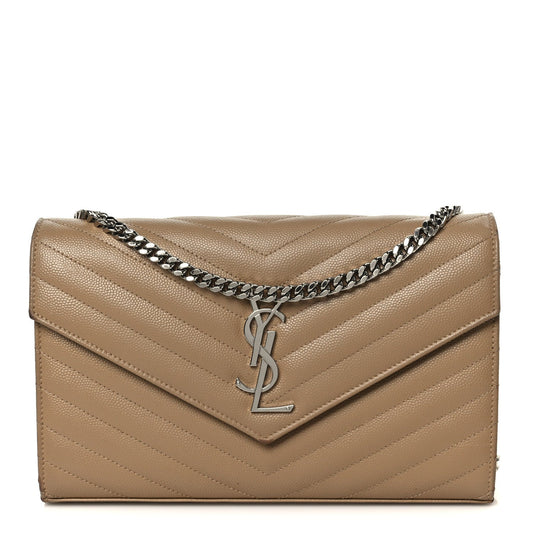 Saint Laurent Grain De Poudre Matelasse Chevron Monogram Chain Wallet Taupe