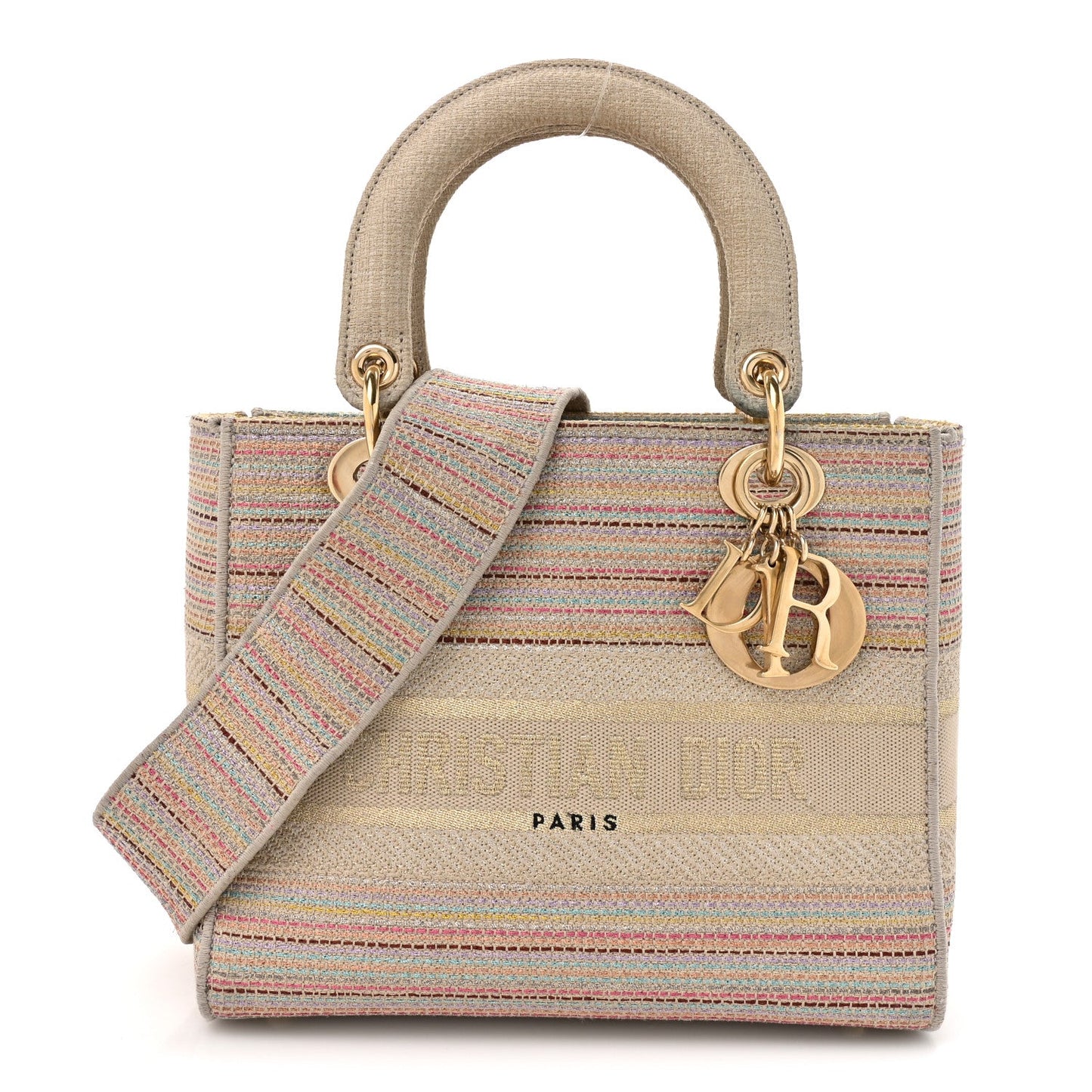 Christian Dior Canvas Embroidered Medium Lady D-Lite Beige Multicolor