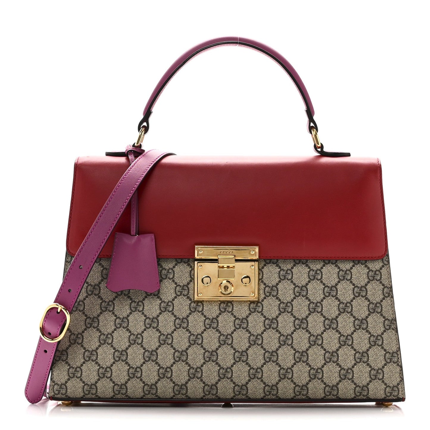 Gucci GG Supreme Monogram Calfskin Medium Padlock Top Handle Bag Beige Hibiscus Red New Rosette