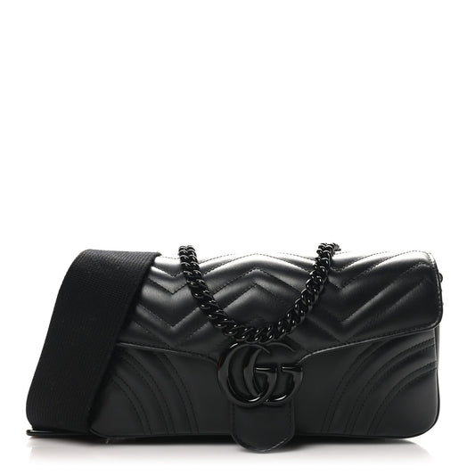 Gucci Calfskin Matelasse Monochrome GG Marmont Crossbody Shoulder Bag Black