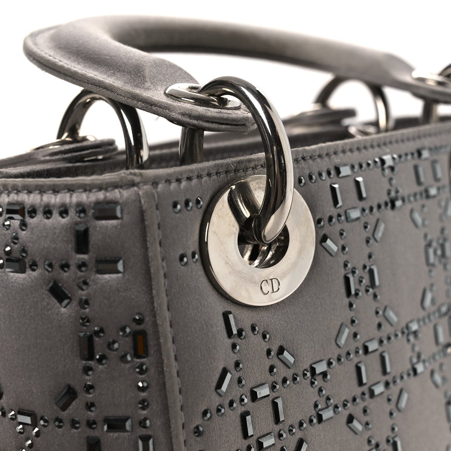 Christian Dior Satin Crystal Cannage Mini Lady Dior Gray